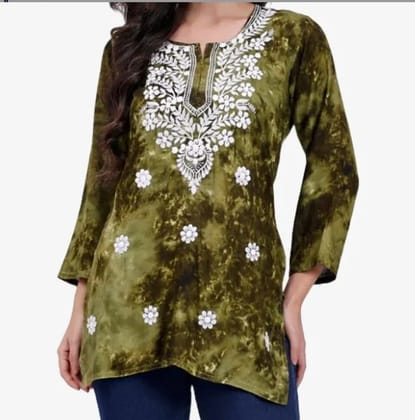 Lucknowi Chikankari Embroidered Rayon Tie-Dyed Green Short Kurti