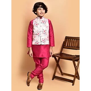 PrintCultr Boys Festive & Party Kurta, Waistcoat and Pyjama Set (Pink)