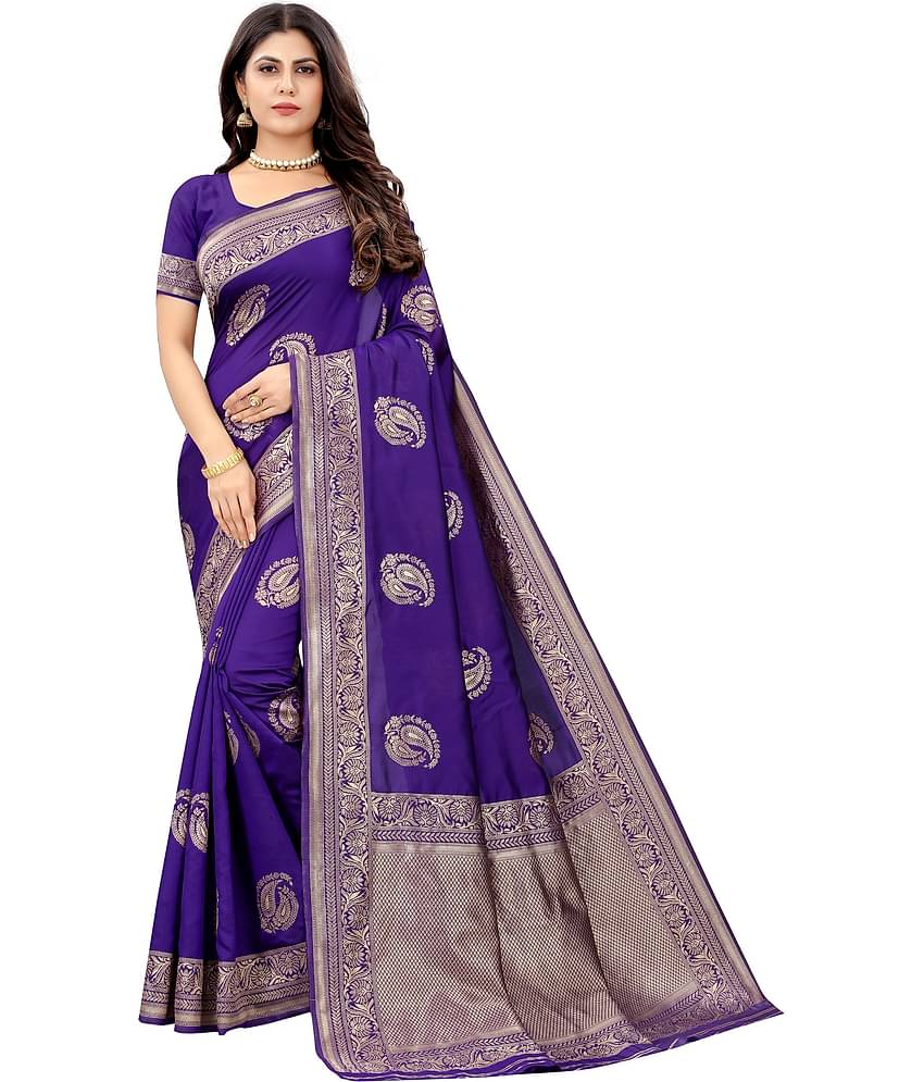 NENCY FASHION Banarasi Silk Embellished Saree With Unstitched Blouse Piece ( Purple )