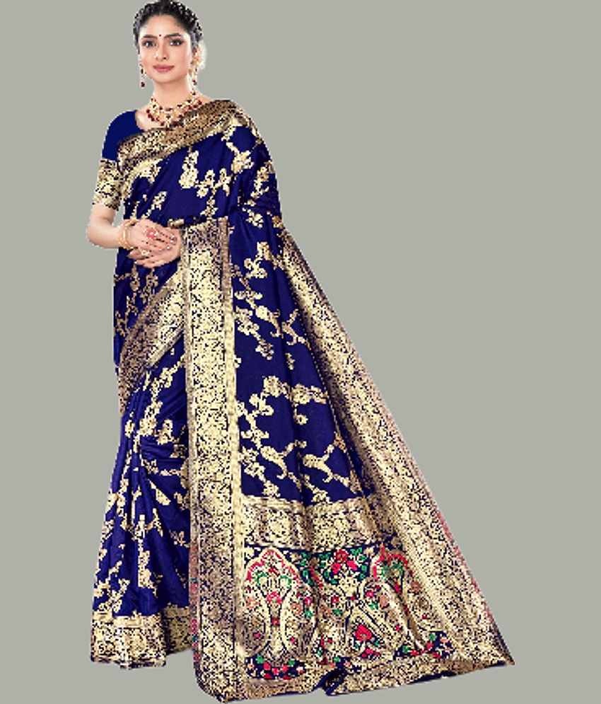 GARIYA Banarasi Silk Embellished Saree With Unstitched Blouse Piece ( Navy Blue )
