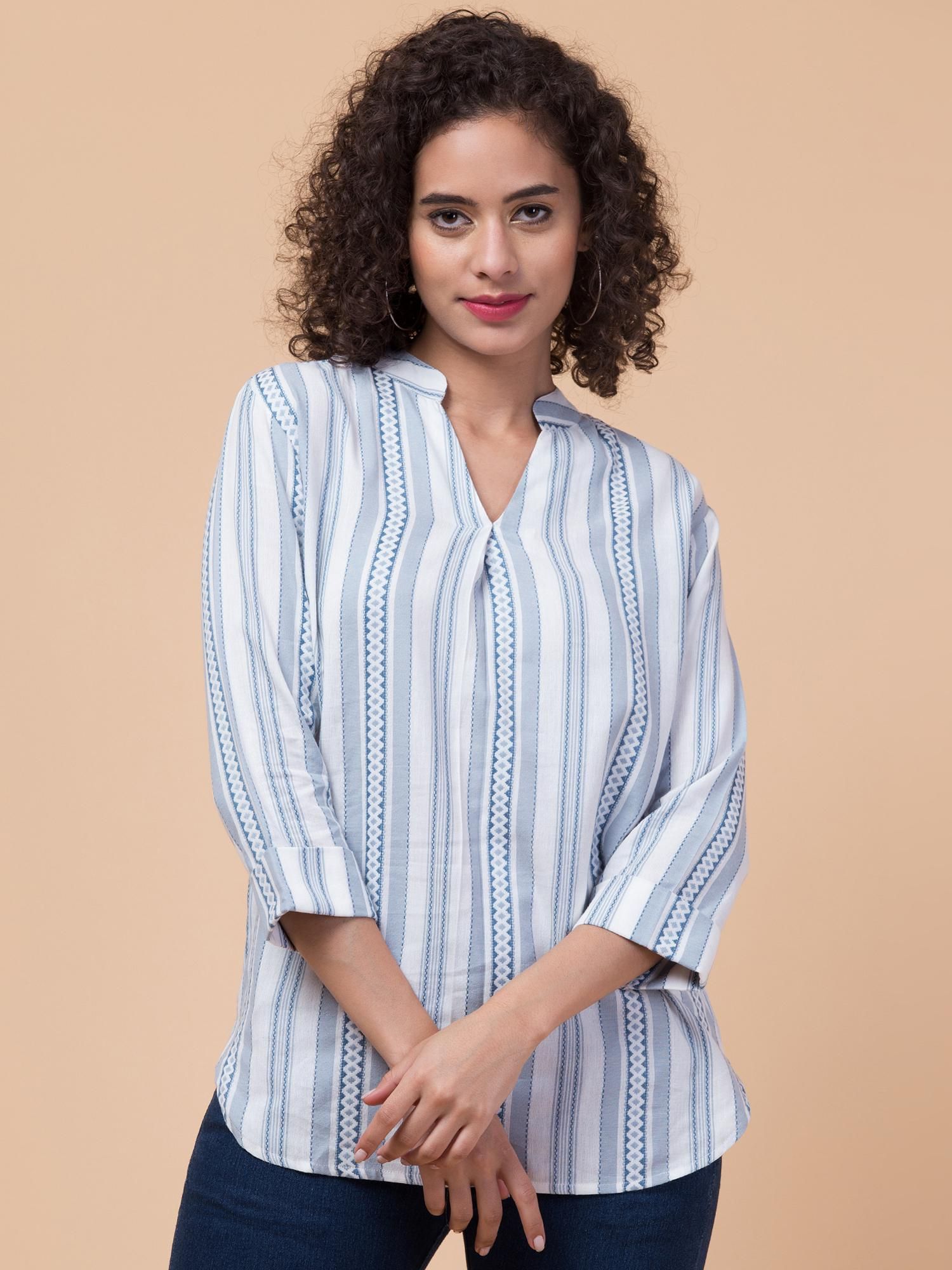 Hive91 White Cotton Striped 3/4th Sleeve Womens Shirt Top with Mandarin Collar