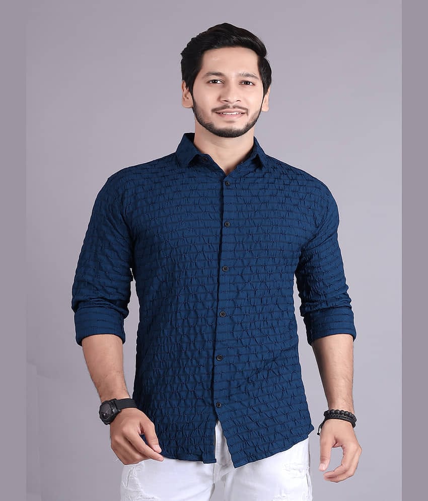 Generic Cotton Blend Slim Fit Popcorn Textured Full Sleeves Men's Casual Shirt - Navy Blue ( Pack of 1 )