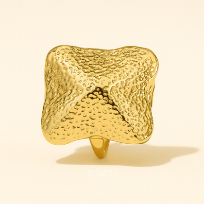 18k Gold Plated Textured Square Anti Tarnish Ring
