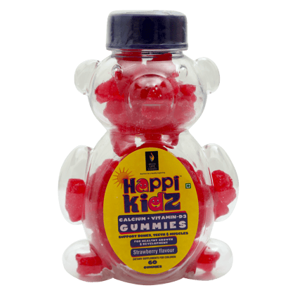 Happi Kidz Calcium + Vitamin D Gummies For Kids (60 Count Gummy Bears) - Kids Nutrition, Bones And Teeth, Boosts Immunity - Strawberry - British life sciences