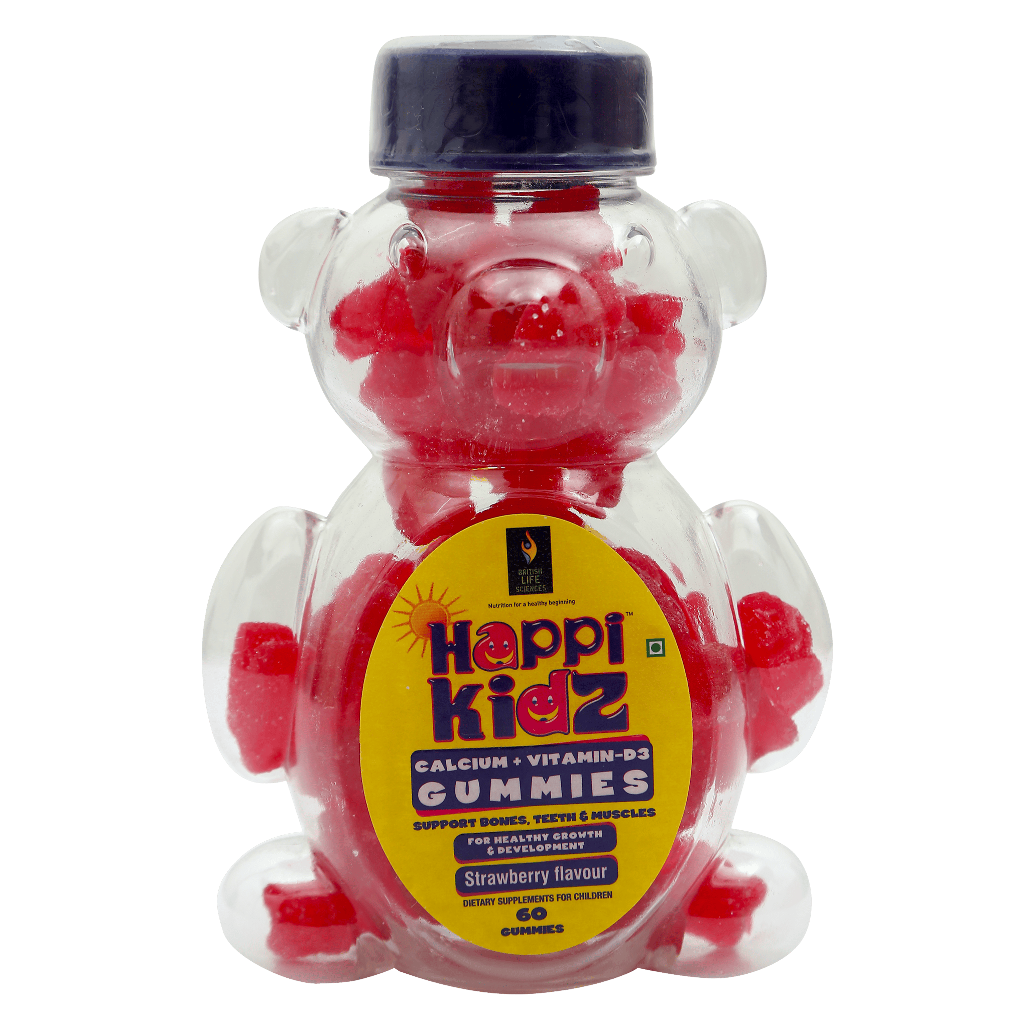 Happi Kidz Calcium + Vitamin D Gummies For Kids (60 Count Gummy Bears) - Kids Nutrition, Bones And Teeth, Boosts Immunity - Strawberry - British life sciences