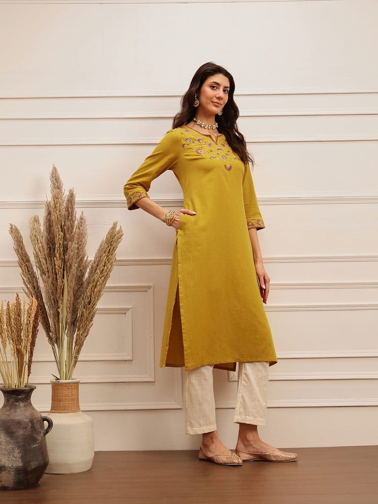 Mustard Floral Embroidered Kurta