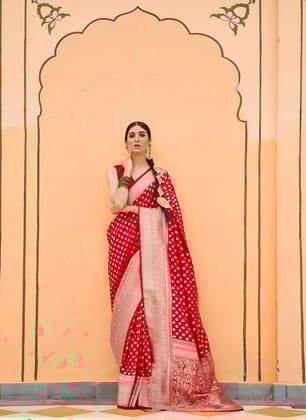 Rose Red Zari Woven Banarasi Silk Saree