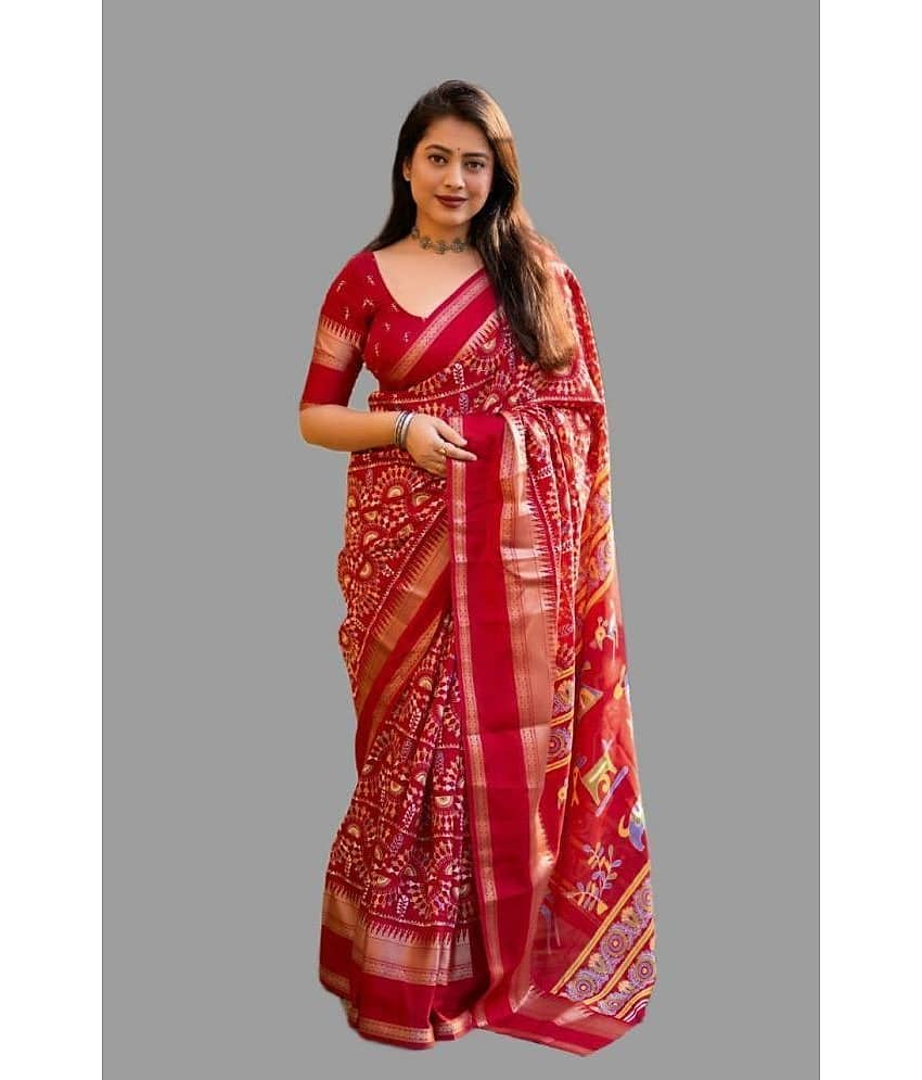 Bhuwal Fashion Crepe Printed Saree With Unstitched Blouse Piece ( Wine )