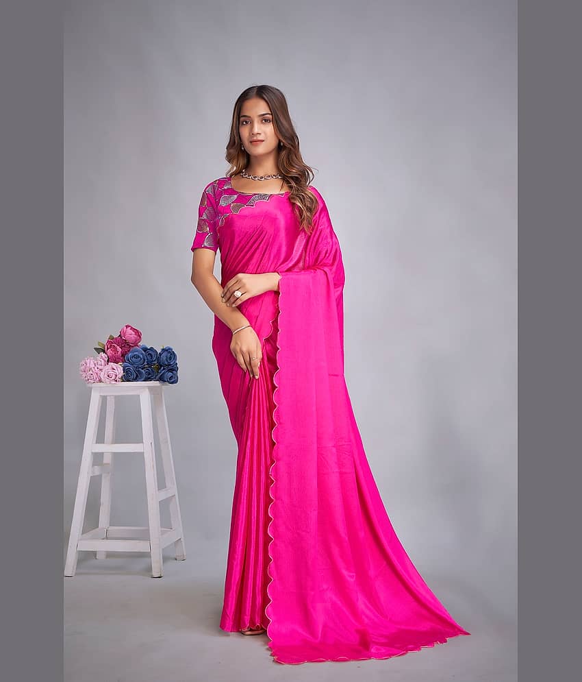 Apnisha Chiffon Embellished Saree With Unstitched Blouse Piece ( Pink )