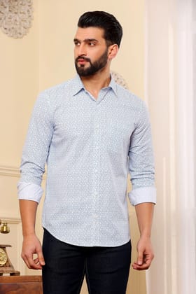 White Blue Printed Cotton Shirt (Size - S) by BLUE EAGLE
