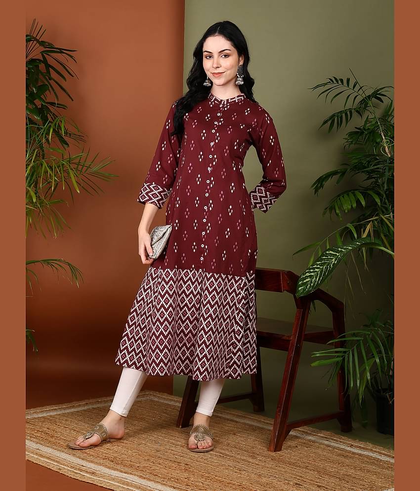 Yash Gallery Women's Cotton Printed Front Slit Kurti - ( Maroon )
