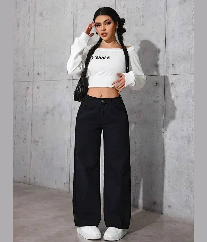 WOOMNY - Black Denim Wide Leg Women's Jeans ( Pack of 1 )