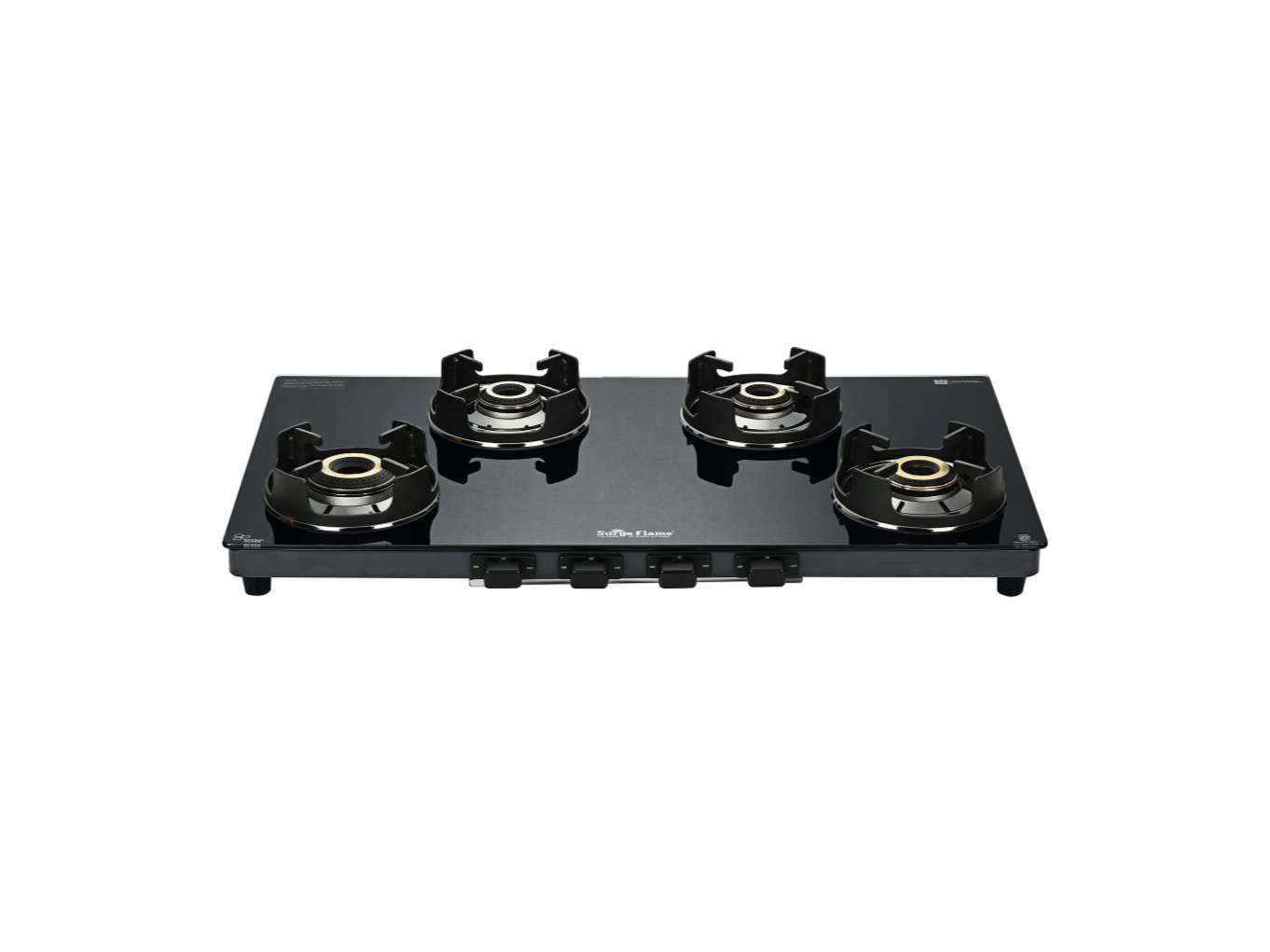 Surya Flame Neo Turbo Gas Stove 4 Burners Glass Top, 5 Years Warranty, 4 Burner Stove, 4 Burner Gas Stove Glass Top, 5G Brass Burners with Jumbo Burner, Flame Guard Pan Support & Metal knobs - Black