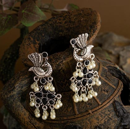 Silver Plated Peacock Design Stone Studded With Hanging Pearl Fashion Antique Earring- AER 1650