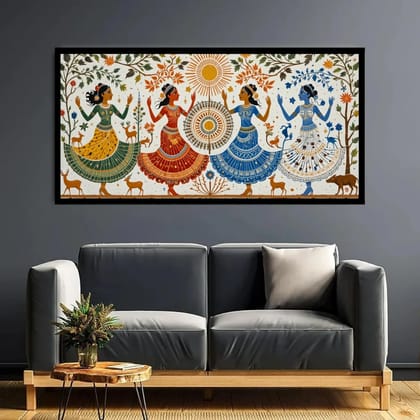 Luminary Festive Bloom – Folk Harmony Dance Museum-Quality Cotton Canvas Art for Living Room Décor | Frame Size (127 X 69 Cm) | Frame Type (Black) | 5-Year Warranty
