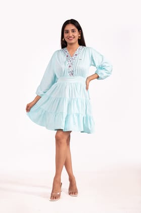 GAZI SILK V NECK EMBROIDERED TUNICS - SEA GREEN-Sea Green / S