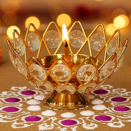 Brass Table Decor Oil Lamp Deepak With Crystal  - Designer Deepak for Home Décor, Height : 2.1 Inch (ZMAS139 C)