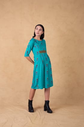 Turquoise Printed Dress With Aztec Embroidery-S
