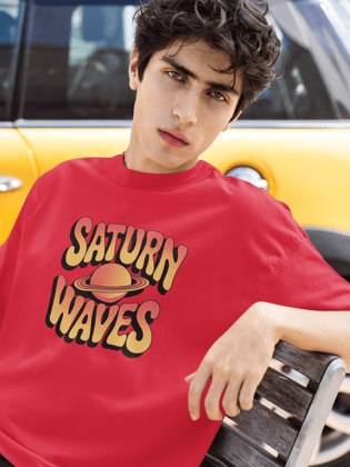 Saturn Waves – Cosmic Rhythm Tee- Round Neck Drop Shoulder Graphic Printed Oversized Cotton T-shirt-S / White
