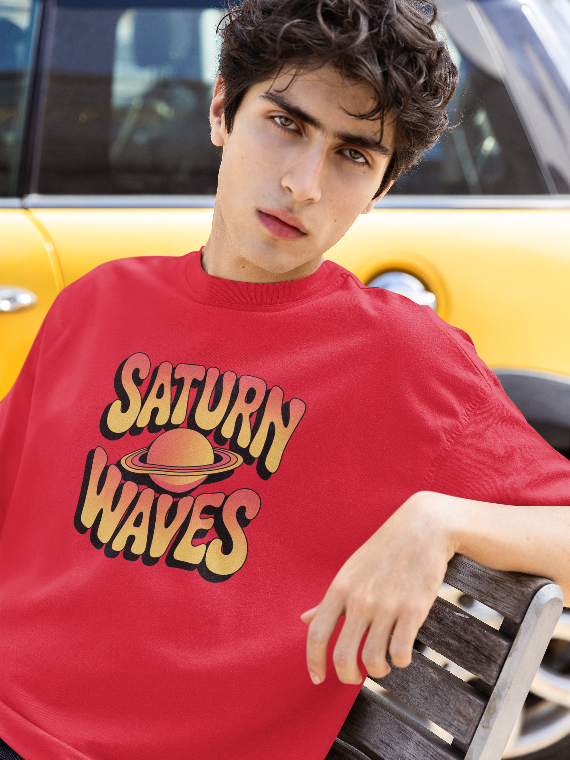 Saturn Waves – Cosmic Rhythm Tee- Round Neck Drop Shoulder Graphic Printed Oversized Cotton T-shirt-S / White