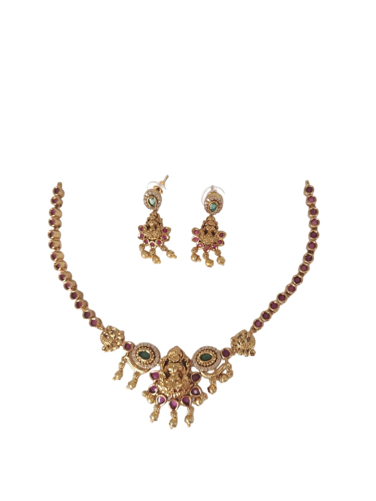 ANVAYACOLLECTIONS Traditional Gold-Toned Temple Jewelry Set, Antique Finish Necklace and Earrings for Women, South Indian Style