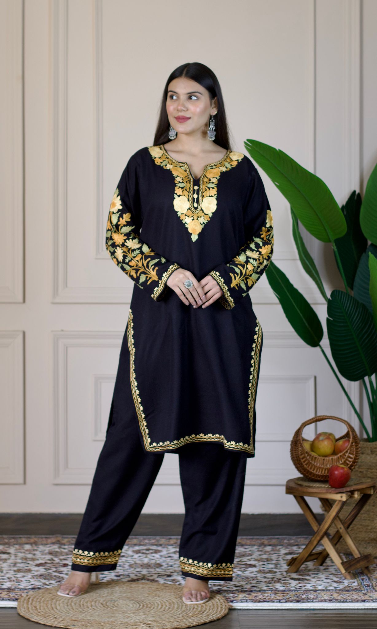Black Kashmiri Aari Woollen Co-ord Set - Golden Dawn-XXL