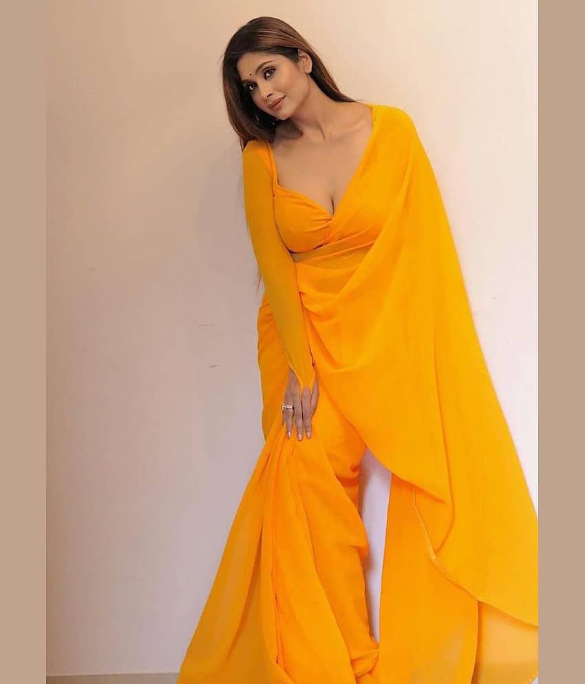 Kashvi Sarees Georgette Solid Saree With Unstitched Blouse Piece ( Yellow )