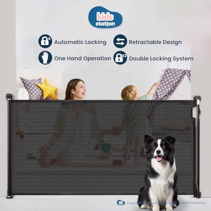 Kids Station Retractable Safety Gate for Toddlers - Barrier Fence - Mesh Baby Gate for Door and Stairs - Retractable Mesh - Height 90cm or 2.9ft - Expandable to 140cm or 4.6ft (Black)