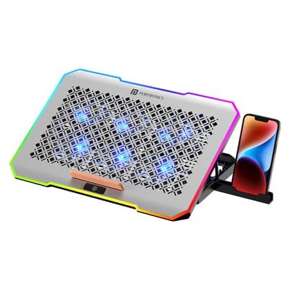 Portronics My Buddy Air Pro Laptop Cooling Pad with 6 Cooling Fans, 5-Level Angle & Height Adjustable, 10 RGB Light Modes, Mobile Stand, USB Powered, for Upto 17 Inch Laptops Portronics My Buddy Air Pro Laptop Cooling Pad with 6 Cooling Fans, 5-Level Angle & Height Adjustable, 10 RGB Light Modes, Mobile Stand, USB Powered, for Upto 17 Inch Laptops
