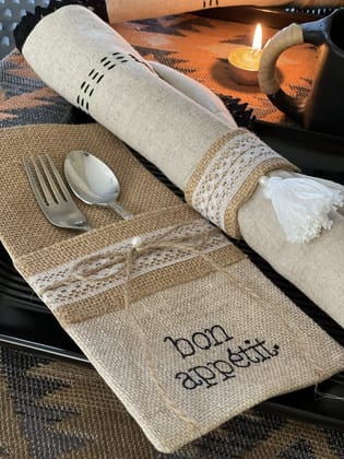KRI India Raw Set of 4 Jute Bon Appetit Cutlery Holder | 9x4.5 inches | Wash & Care | 100% Cotton | Handcrafted in India. 100% organic & natural.