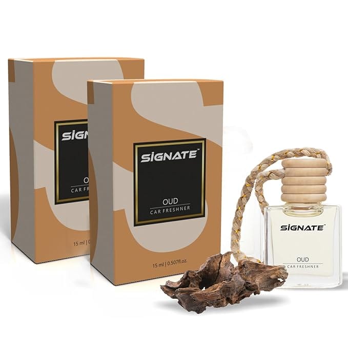 Signate Car Perfume with Natural Fragrance Essential Oils | Car Air Fresheners Long Lasting Upto 90 Days | Hanging Pod in Glass Bottle with Wooden Diffuser Lid  15ML (Oud) (Pack of 2)