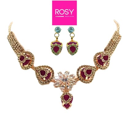 Rosy Rose Gold Plated Necklace Set with Heart Pendant & Matching Earrings  Handcrafted AD & Ruby Red Stones