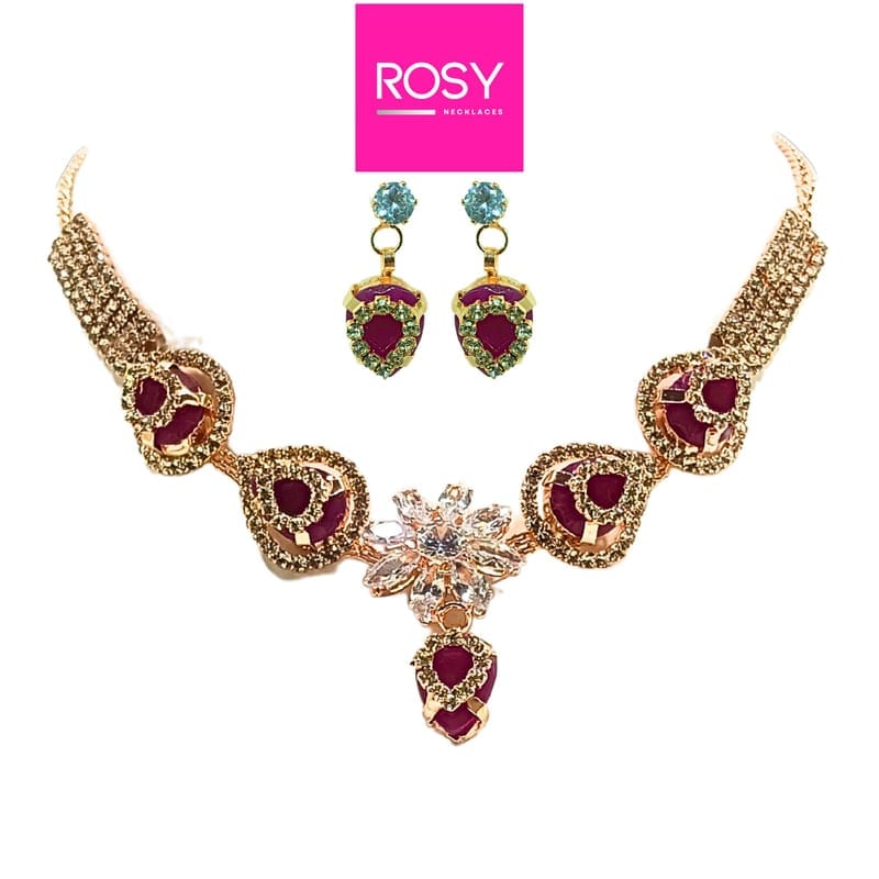 Rosy Rose Gold Plated Necklace Set with Heart Pendant & Matching Earrings  Handcrafted AD & Ruby Red Stones
