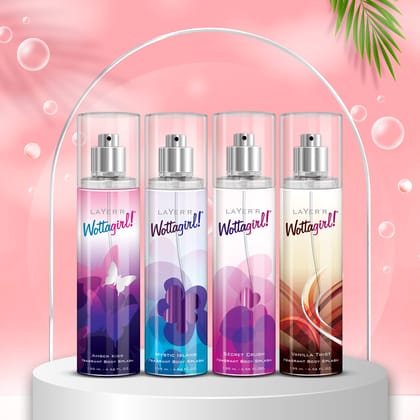Layer'r Wottagirl Body Splash, 4x135ml (Amber Kiss + Mystic Island + Secret Crush + Vanilla Twist) | Long Lasting Body Spray for Women | Gift Set for Women