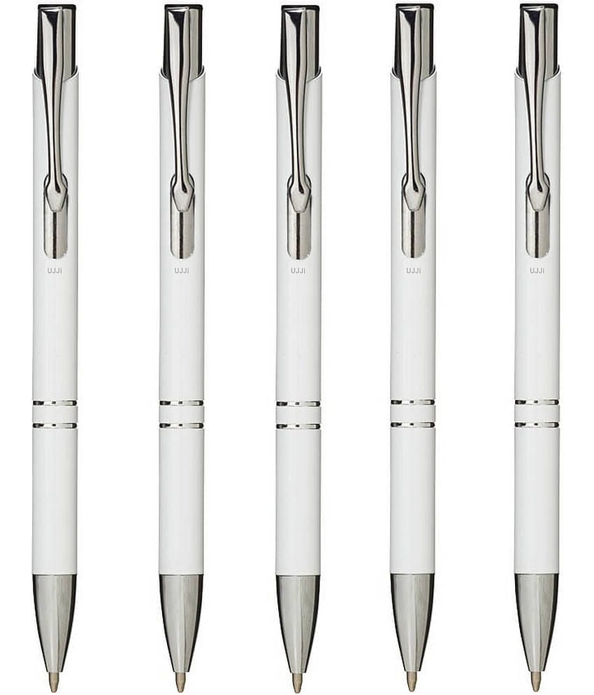 UJJi Gloss White Color Retractable Pack of 5pcs (Blue Ink) Ball Pen