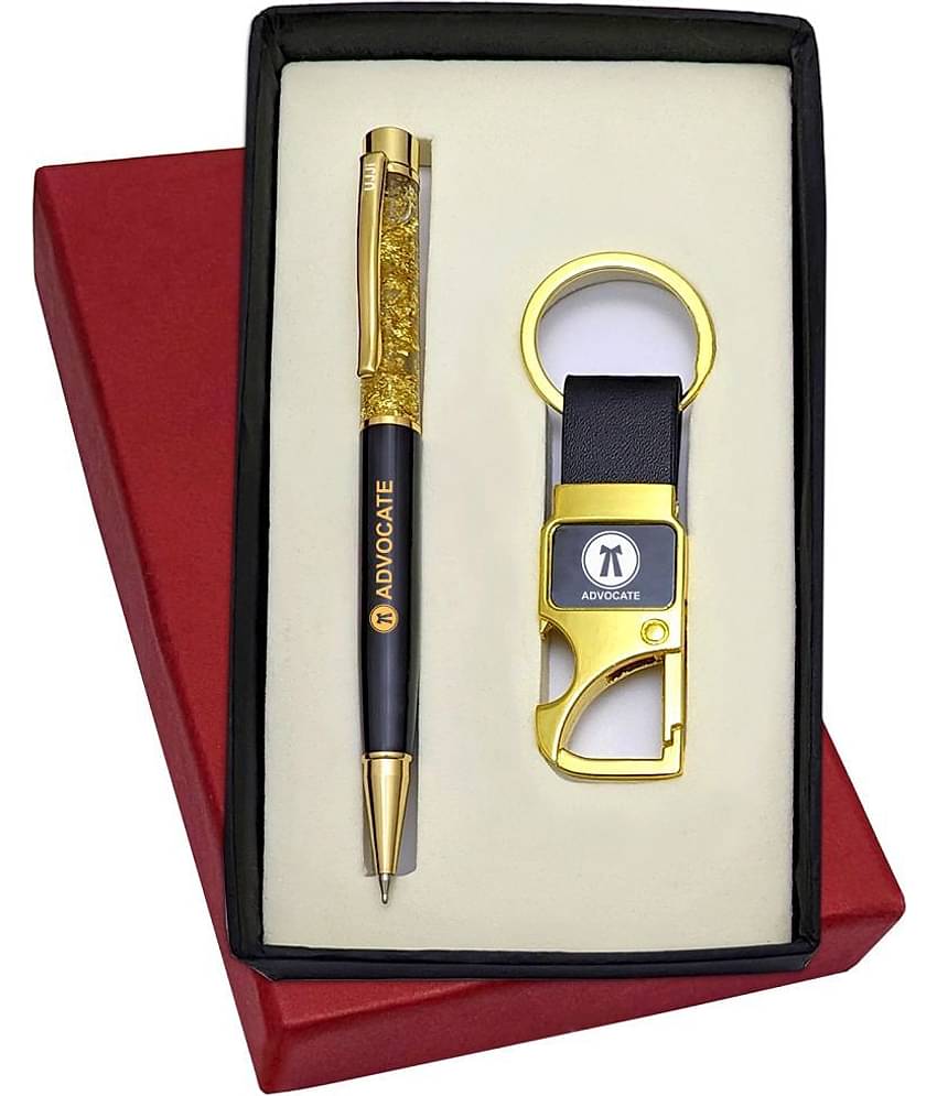 UJJi Advocate Logo Engraved Golden Gel Filled Brass Body Ball Pen & Hook Keychain