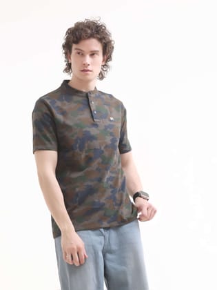 Camo Navy Blue Henley T-shirt-S