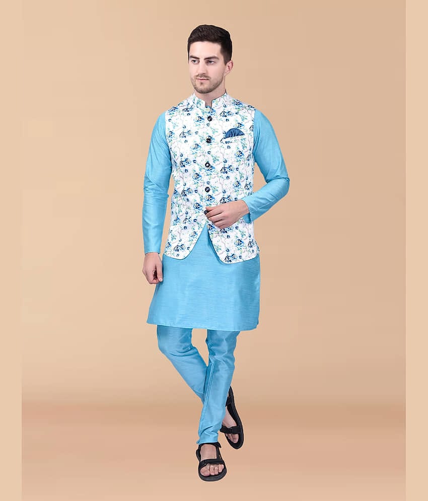 PRINTCULTR Sky Blue Silk Regular Fit Men's Kurta Pyjama Set ( Pack of 1 )