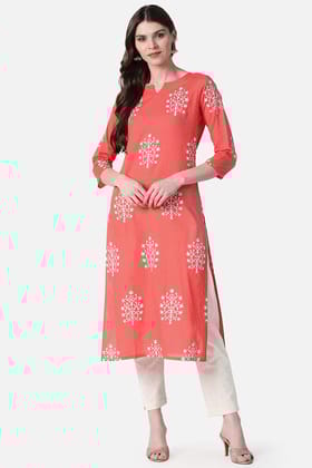 Festive Wear Cotton Fabric Peach Color Printed Kurti VCK1161