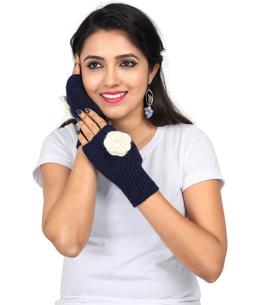 KC Store Women's Navy Blue Hand Knitted Woolen Gloves (Mitts) For Winters
