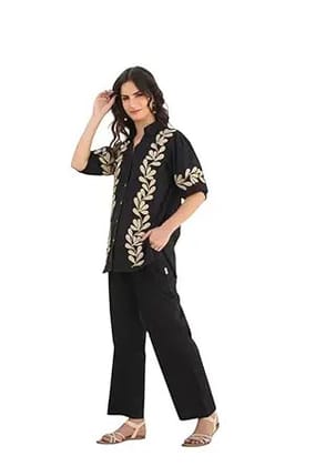 Women's Black Cotton Tunic Top Pant with Gold Leaf Embroidery, Button-Down, Puff Sleeves (in, Alpha, XL, Regular, Black)
