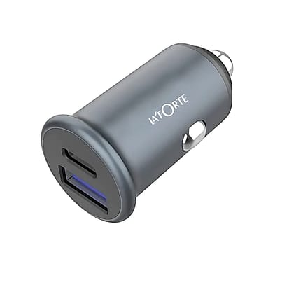 LA' FORTE Compact Mini Metal Dual Port Ultra Fast Car Charger, QCPD (QC- 3.0 & PD - 30 W)-Only Charger