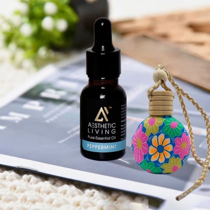 Aesthetic Living Car Aromatizer/ Diffuser Bottle with Essential Oil (Vase Shape-15 ml+ Peppermint Essential Oil, 15 ml)