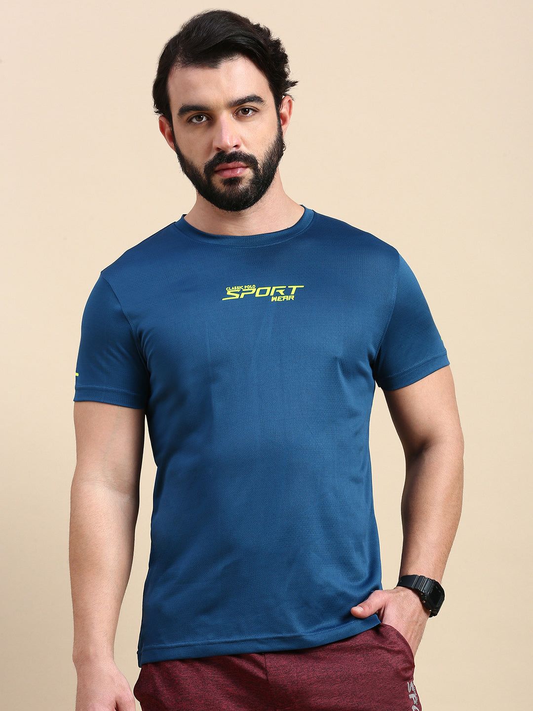 Classic Polo Men's Round Neck Polyester Navy Blue Slim Fit Active Wear T-Shirt | GENX-CREW 04B SF C