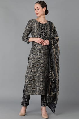 Black Silk Blend Straight Kurta Pant With Dupatta VKSKD1647