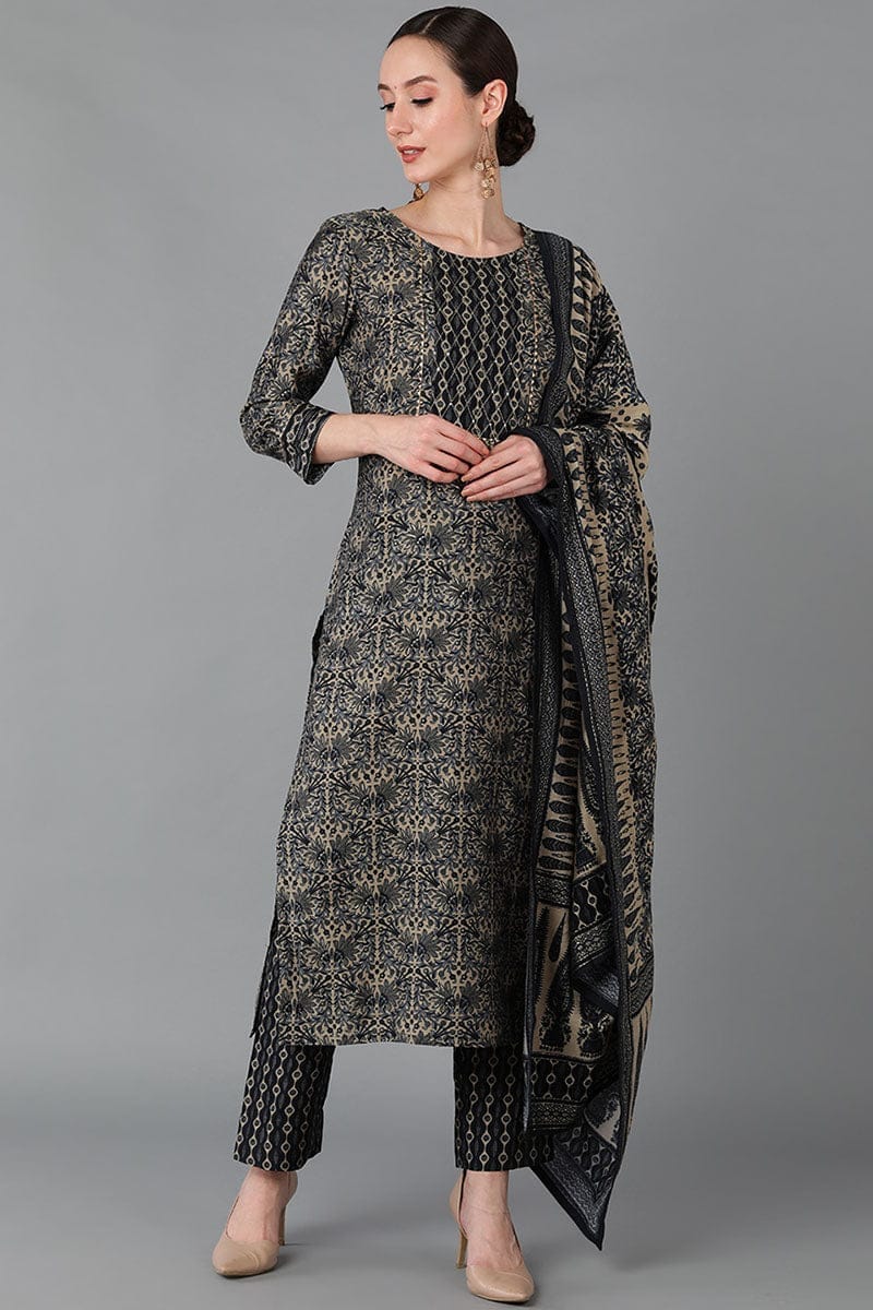 Black Silk Blend Straight Kurta Pant With Dupatta VKSKD1647