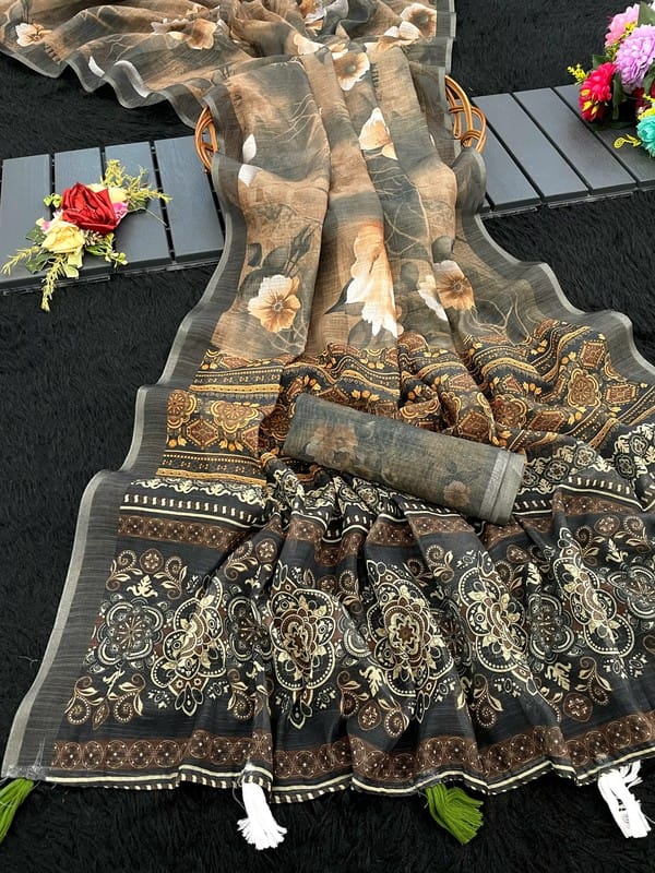 Shiv Textiles Women's Digital Print Linen Saree with Decorative Latkan in Earthy Brown Color Graphic Design Party Wear Ethnic Drape Includes Unstitched Blouse Piece Breathable Fabric Traditional Indian Fashion