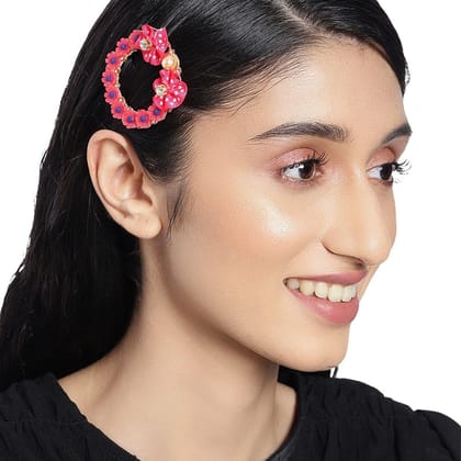 Pink Beaded Floral French Barrette