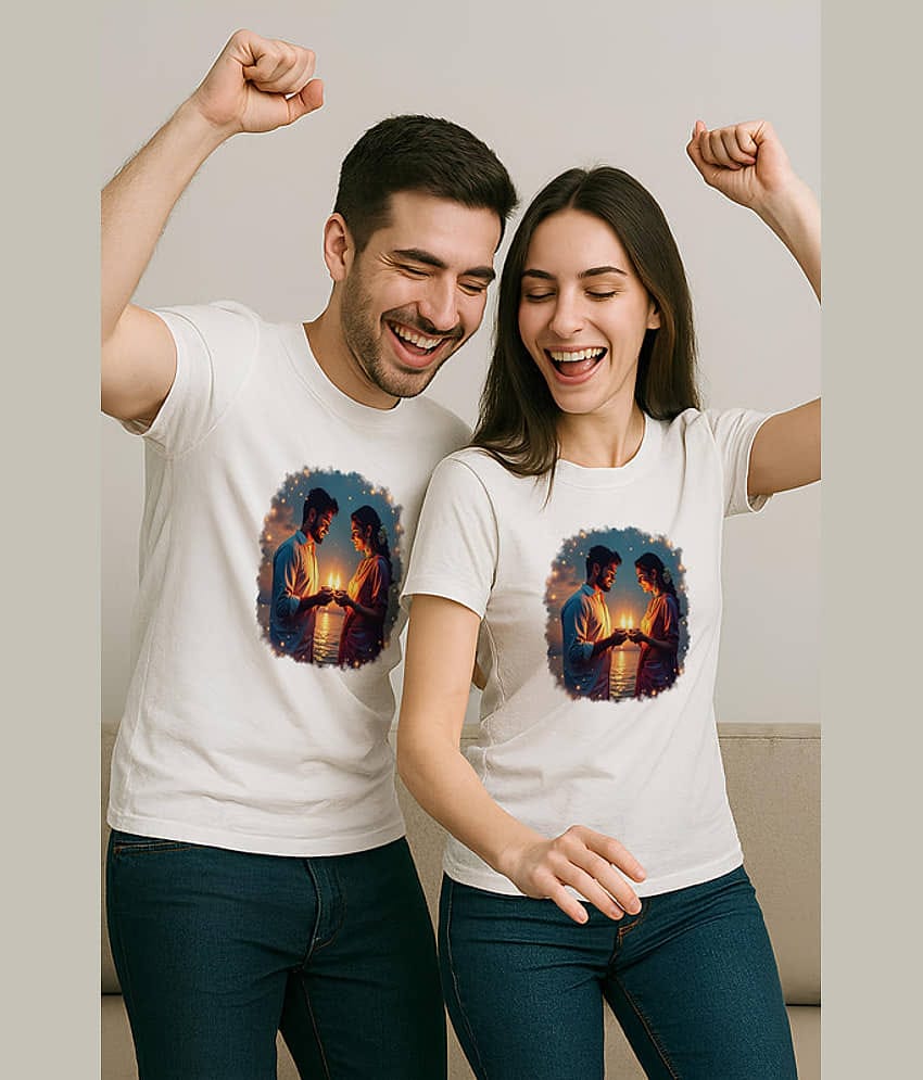 BINAYAK Cotton Round Neck Regular Fit Couple T-Shirt ( White )