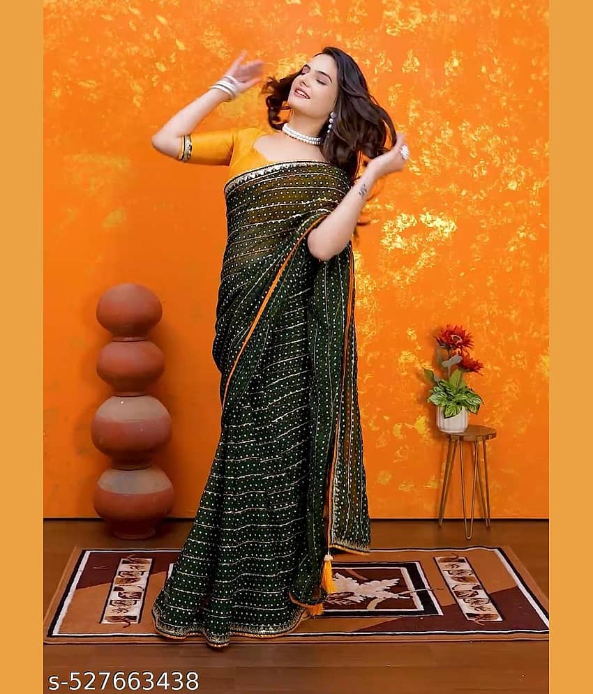 Parmila Fashion Georgette Embellished Bandhani Sarees With Unstitched Blouse Piece ( Green )